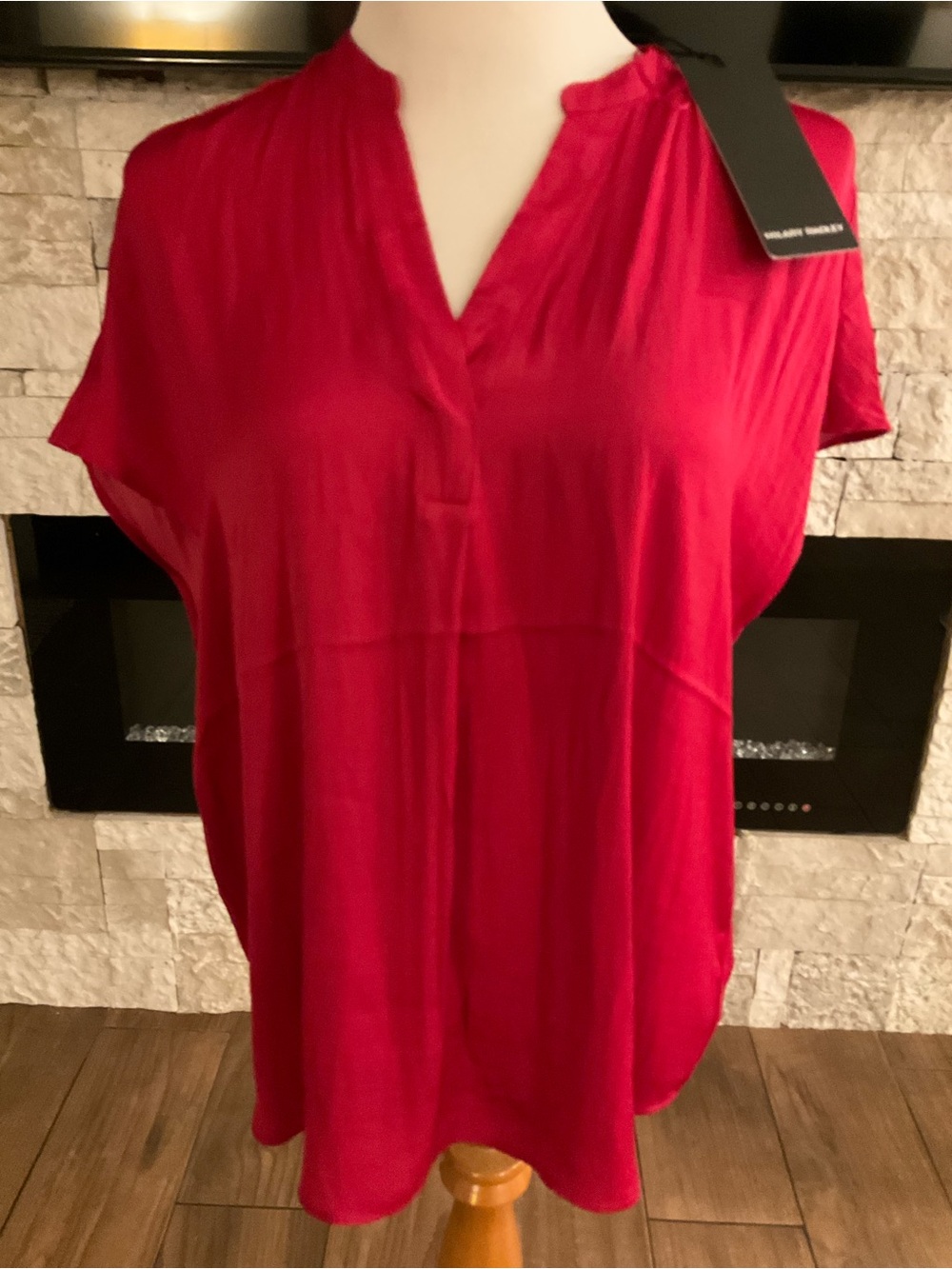 Hilary Radley Vibrant Red Split V-Neck Short Sleeve Blouse Sizes L or XL